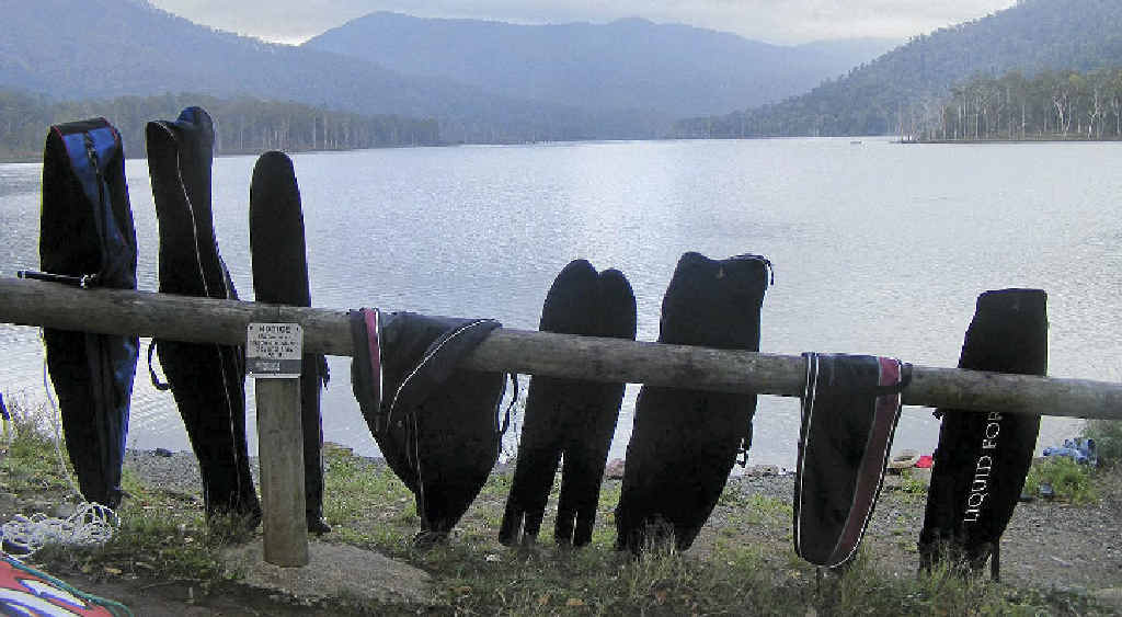 Water skis are high and dry at Borumba Dam thanks to a blue-green algae bloom. Water skis are high and dry at Borumba Dam thanks to a blue-green algae bloom.